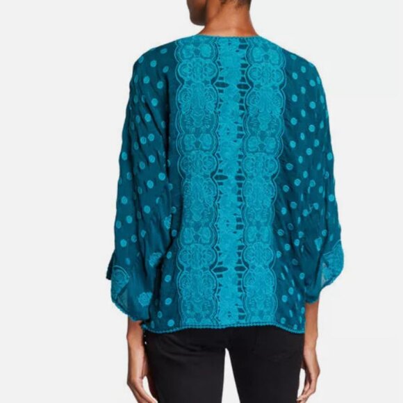 Johnny Was Analusia Embroidered Tunic Top Emerald Green Polka Dot Size S - Picture 2 of 10